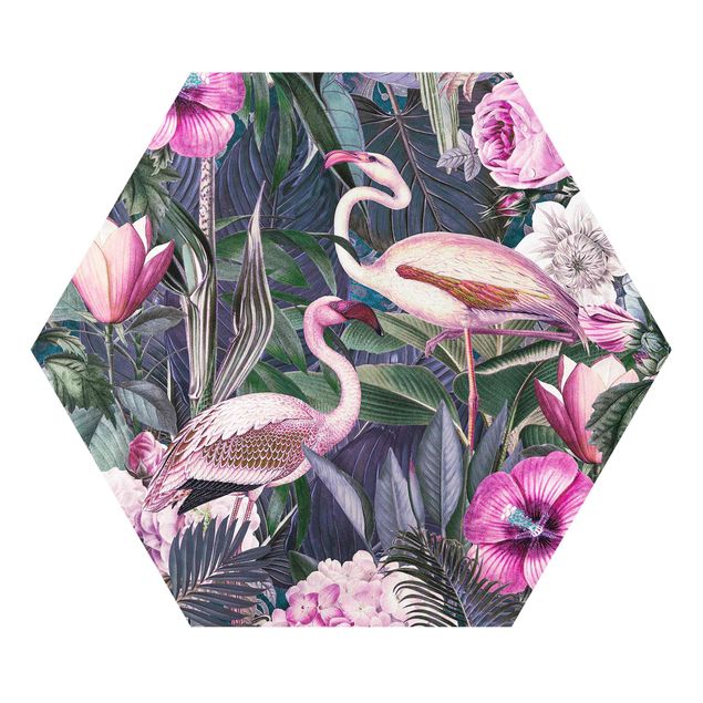 Hexagon Picture Forex - Colorful Collage - Pink Flamingos In The Jungle