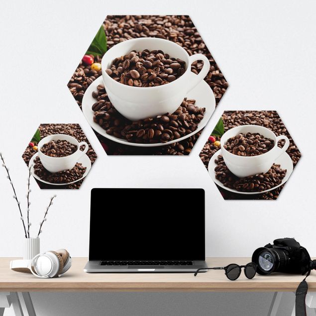 Alu-Dibond hexagon - Coffee Cup With Roasted Coffee Beans