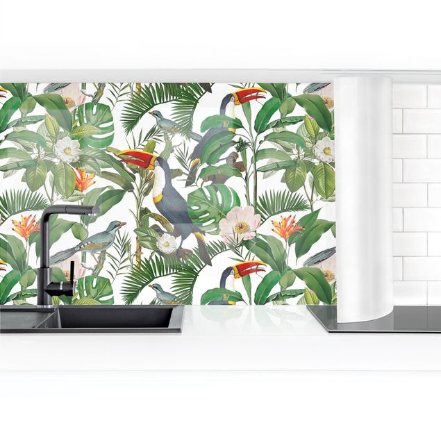 Kitchen splashbacks Tropical Toucan With Monstera And Palm Leaves II