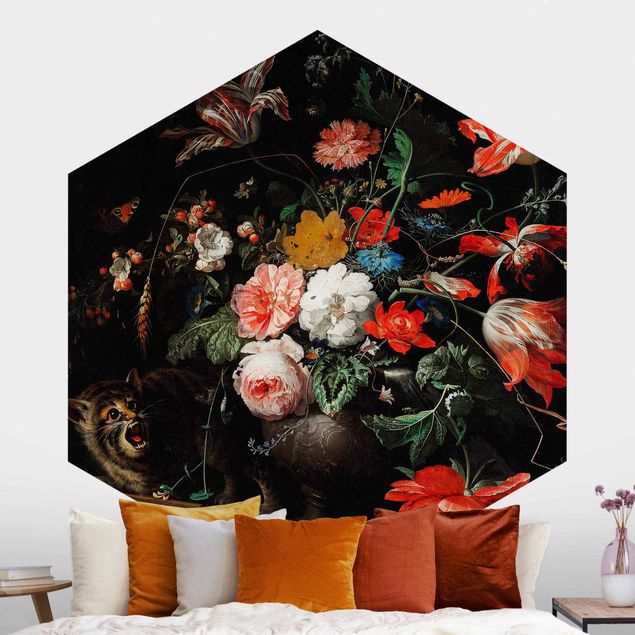 Hexagonal wall mural Abraham Mignon - The Overturned Bouquet