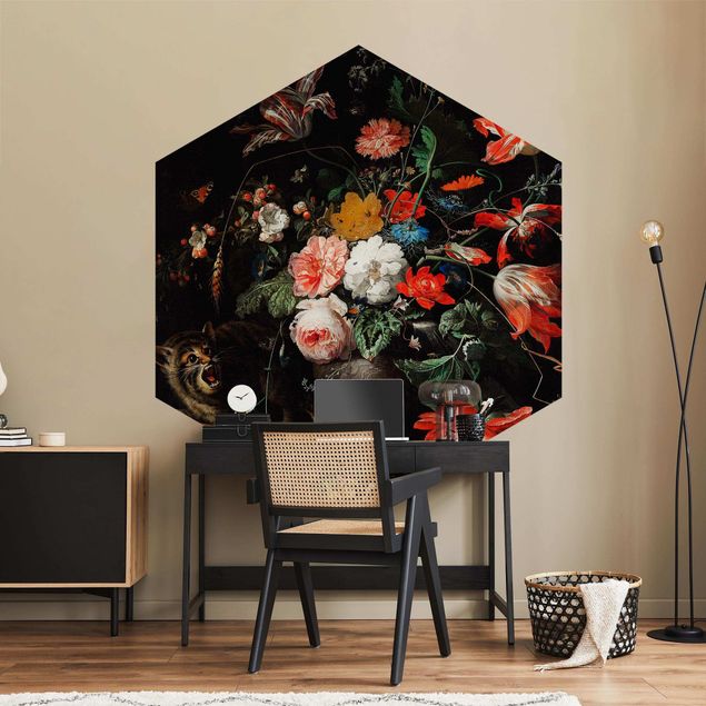 Self-adhesive hexagonal pattern wallpaper - Abraham Mignon - The Overturned Bouquet