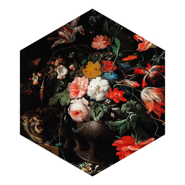 Self-adhesive hexagonal pattern wallpaper - Abraham Mignon - The Overturned Bouquet