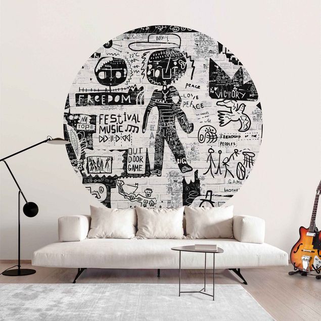 Self-adhesive round wallpaper - Abstract Graffiti Art Black And White
