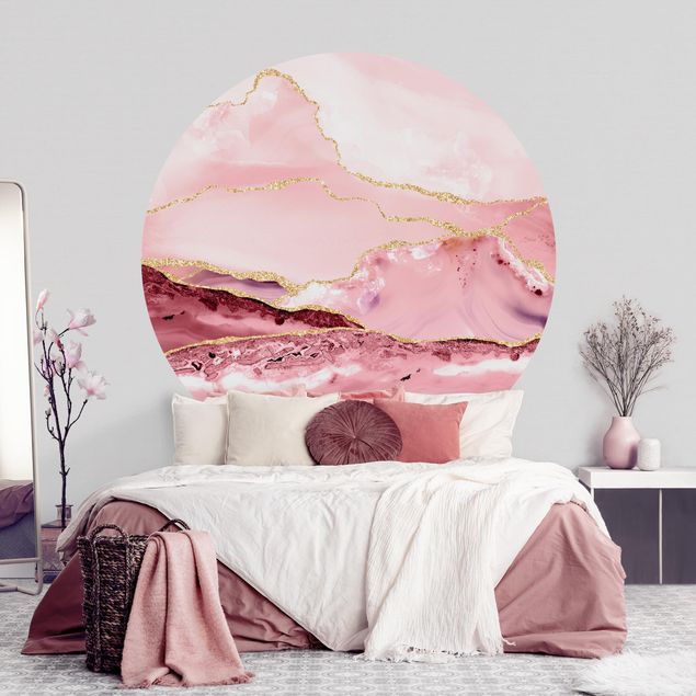 Self-adhesive round wallpaper - Abstract Mountains Pink With Golden Lines