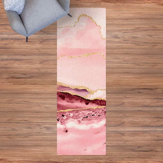 Runner rugs Abstract Mountains Pink With Golden Lines