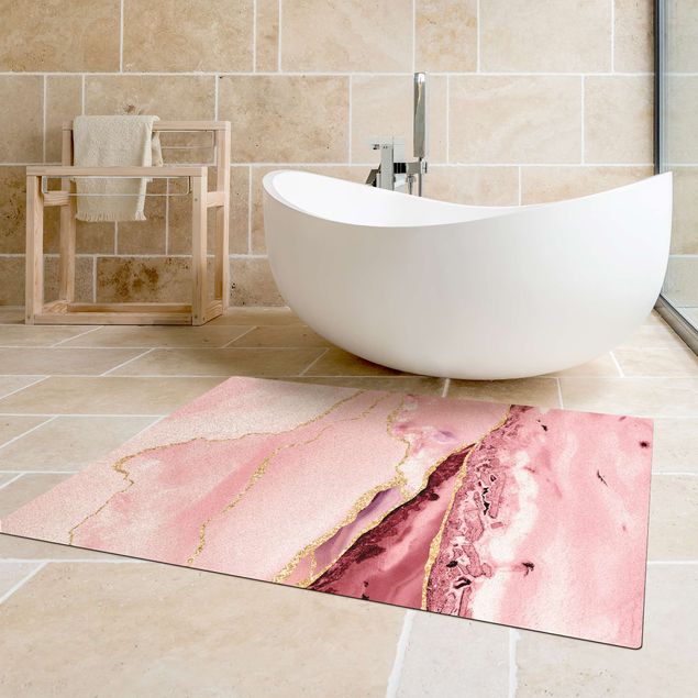 Stone look rugs Abstract Mountains Pink With Golden Lines