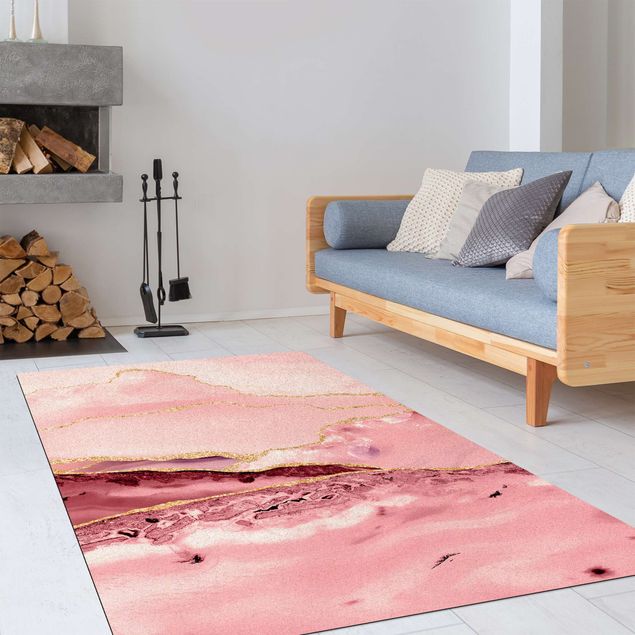 Abstract rugs Abstract Mountains Pink With Golden Lines