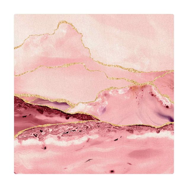 Cork mat - Abstract Mountains Pink With Golden Lines - Square 1:1