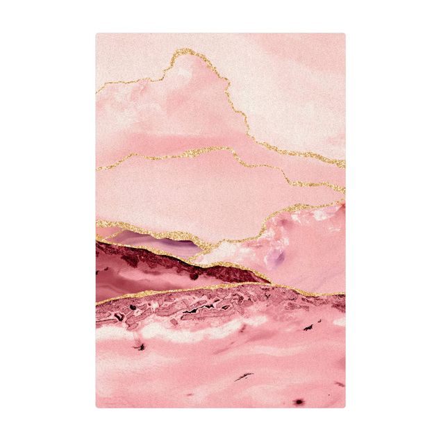 Cork mat - Abstract Mountains Pink With Golden Lines - Portrait format 2:3