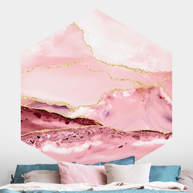 Self-adhesive hexagonal wall mural Abstract Mountains Pink With Golden Lines