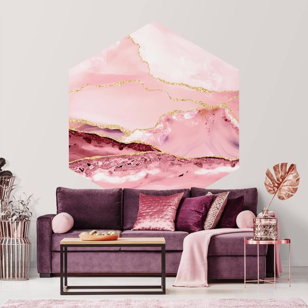 Self-adhesive hexagonal wall mural - Abstract Mountains Pink With Golden Lines