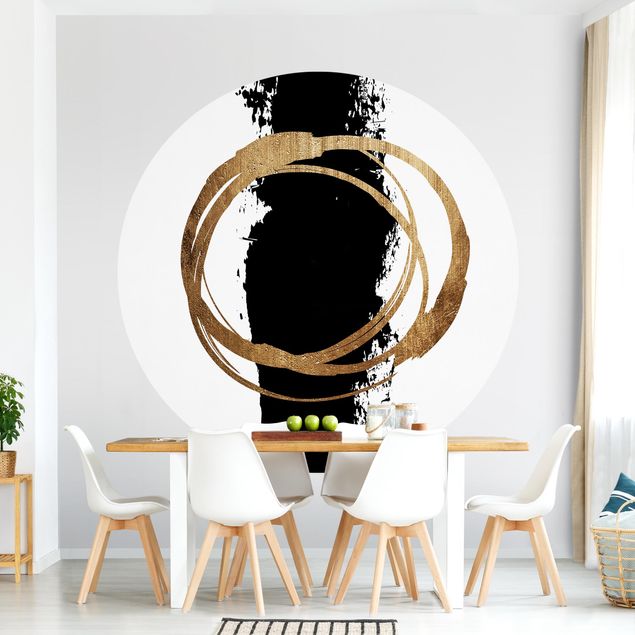 Self-adhesive round wallpaper - Abstract Shapes - Gold And Black