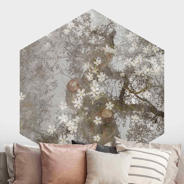 Hexagonal wall mural Abstract Tree With Blossoms