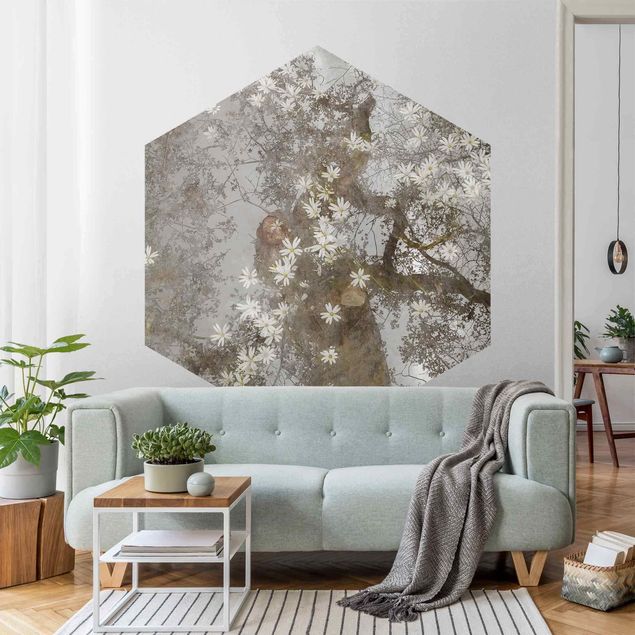Self-adhesive hexagonal wall mural - Abstract Tree With Blossoms