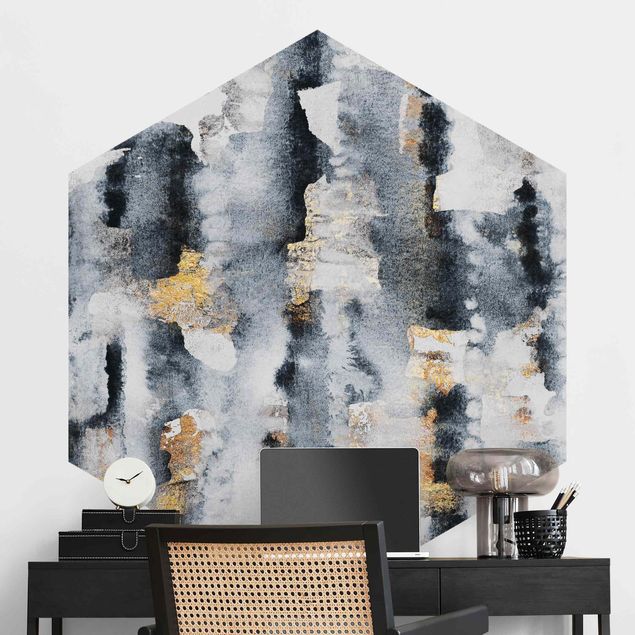 Hexagonal wall mural Abstract Watercolour With Gold