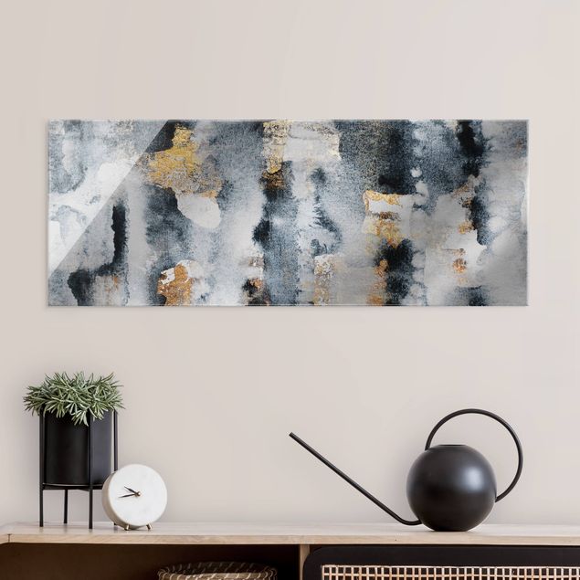 Glass print - Abstract Watercolour With Gold - Panorama