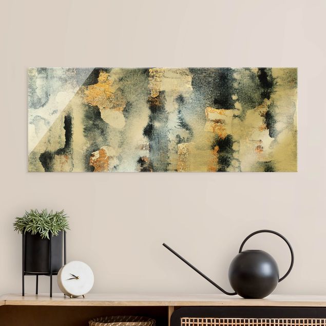 Glass print - Abstract Watercolour With Gold - Panorama