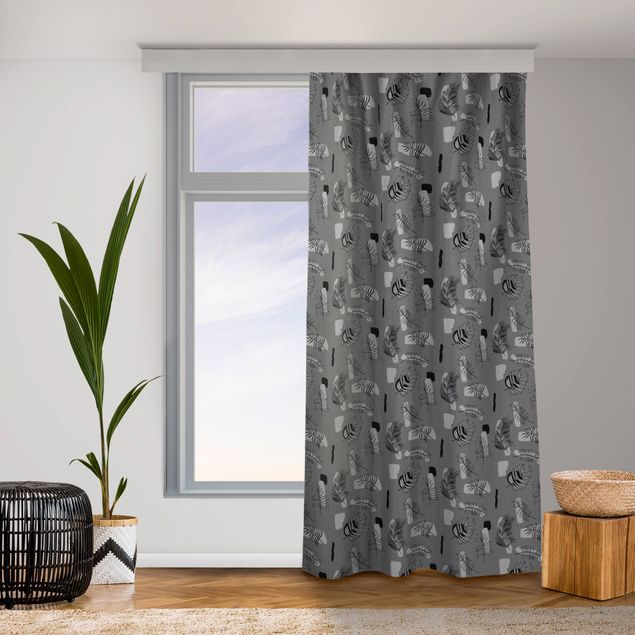contemporary curtains Abstract Pattern With Palm Leaves - Grey