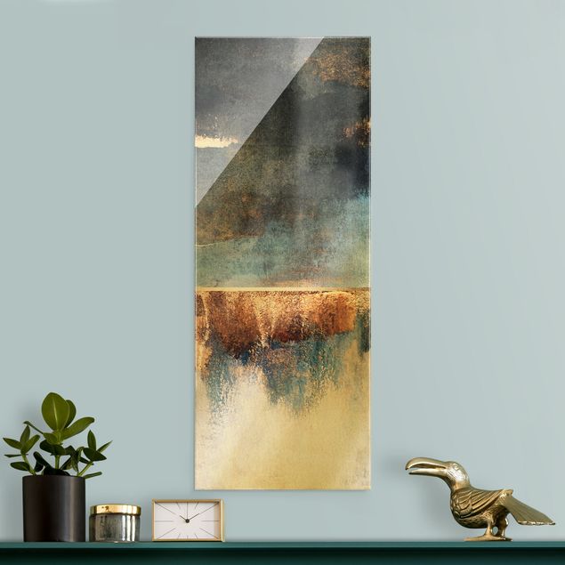 Glass print - Abstract Lakeshore In Gold - Portrait format