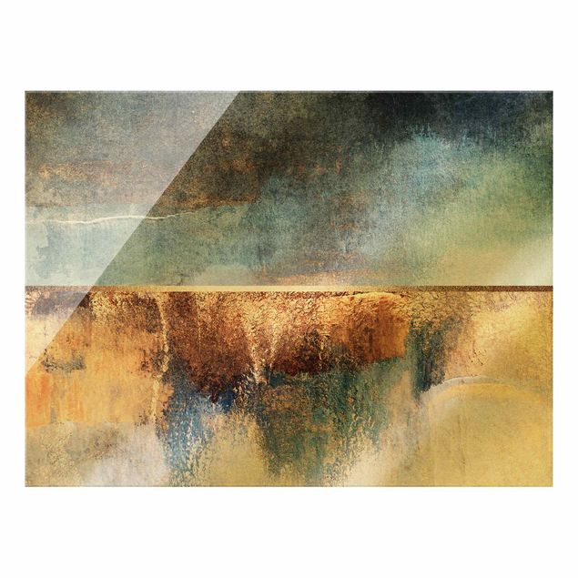 Glass print - Abstract Lakeshore In Gold - Landscape format