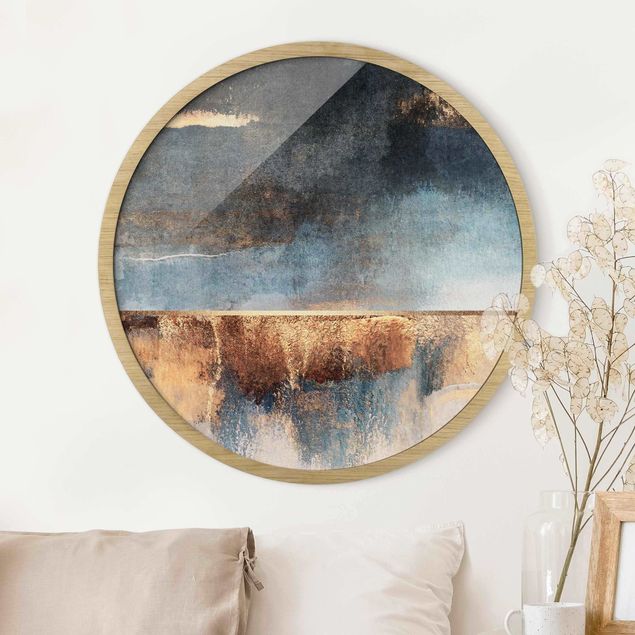 Framed prints round Abstract Lakeshore In Gold