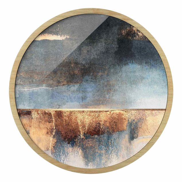 Circular framed print - Abstract Lakeshore In Gold