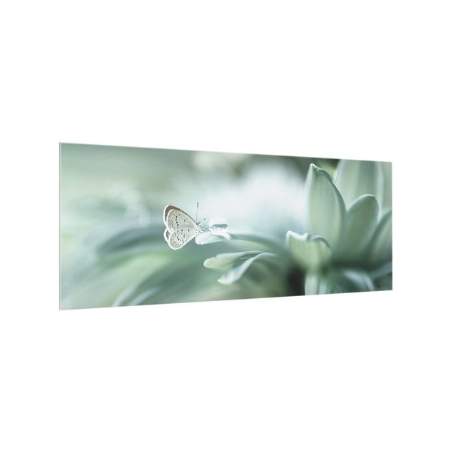 Glass splashback kitchen Butterfly And Dew Drops In Pastel Green
