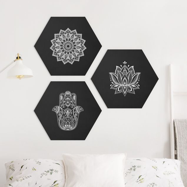 Alu-Dibond hexagon - Mandala Hamsa Hand Lotus Set On Black