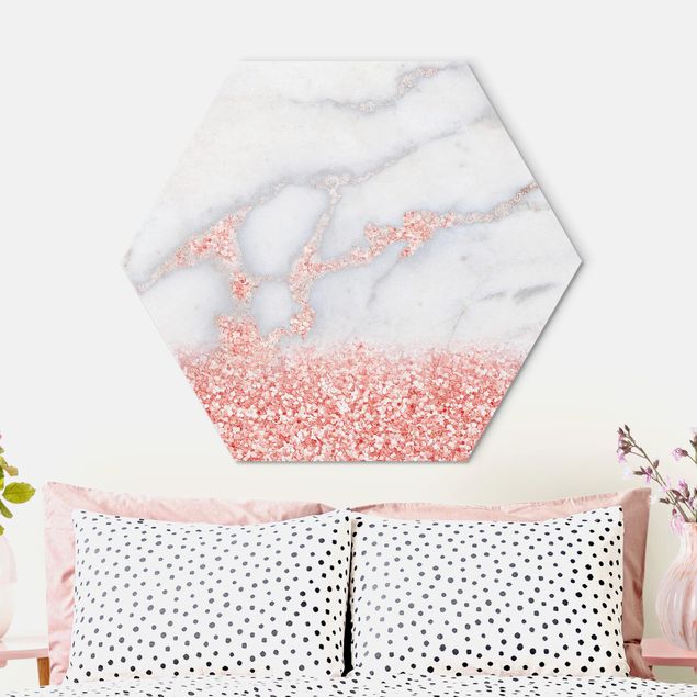 Alu-Dibond hexagon - Marble Look With Pink Confetti
