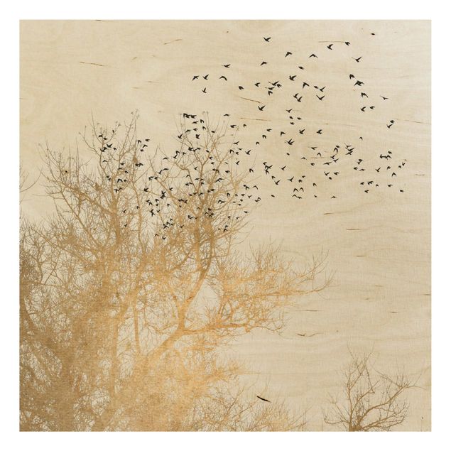 Print on wood - Flock Of Birds In Front Of Golden Tree