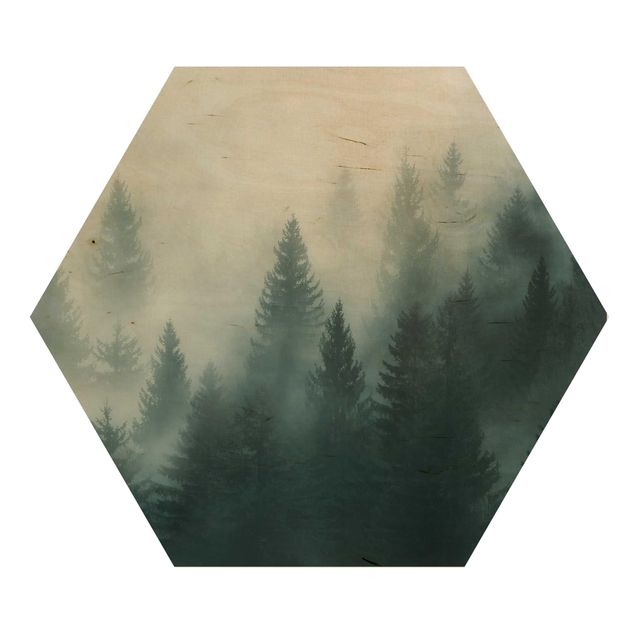 Wooden hexagon - Coniferous Forest In Fog