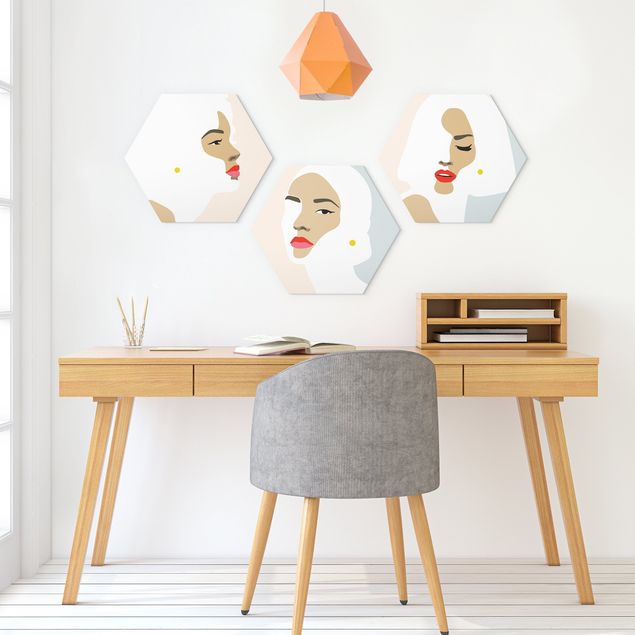 Alu-Dibond hexagon - Line Art Portrait Women Pastel Set