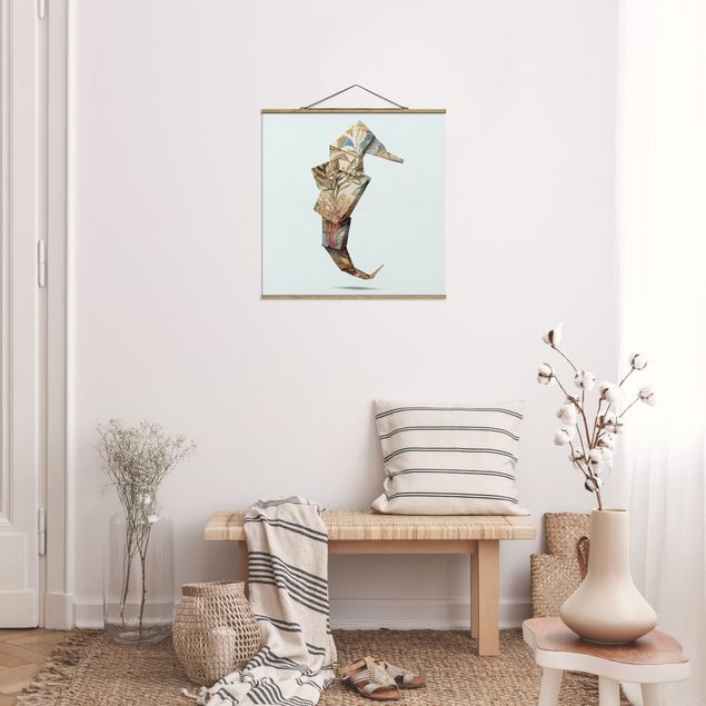 Fabric print with poster hangers - Origami Seahorse