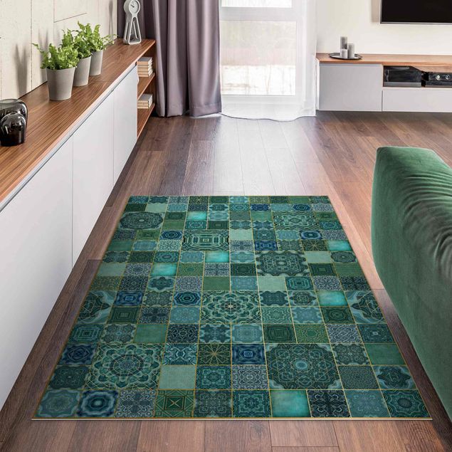 tile effect rug Art Deco Tiles Green Marble With Golden Shimmer
