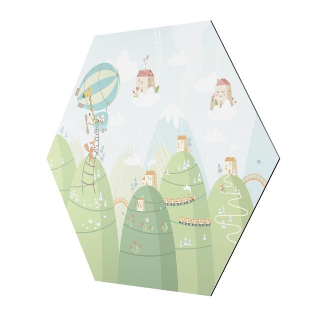 Alu-Dibond hexagon - Forest With Houses And Animals