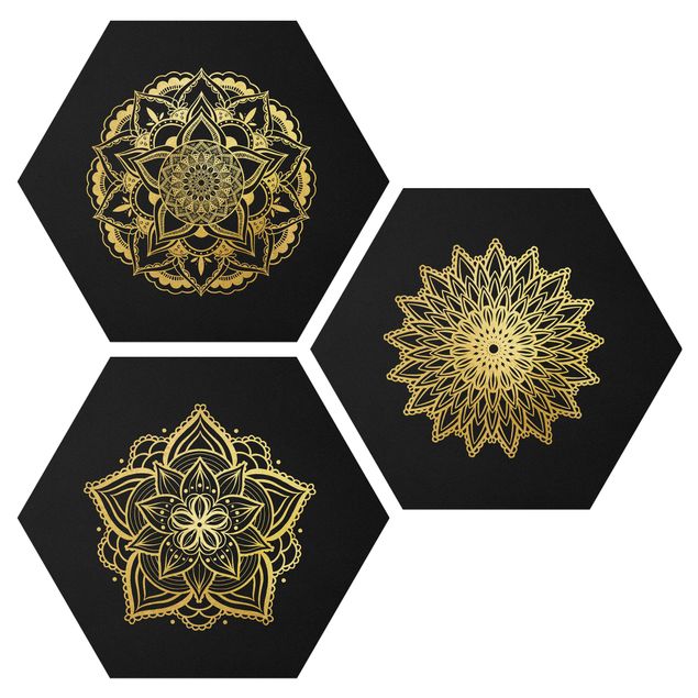 Alu-Dibond hexagon - Mandala Flower Sun Illustration Set Black Gold