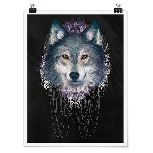 Poster - Illustration Wolf Boho Dream Catcher Black