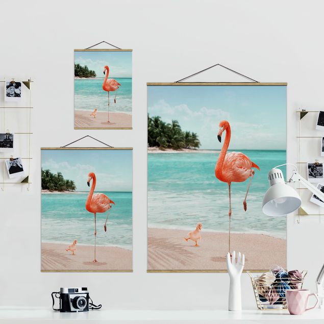 Fabric print with poster hangers - Beach With Flamingo