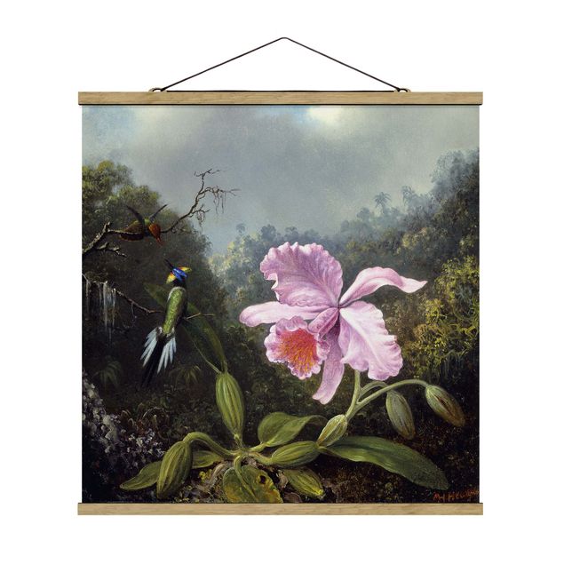Fabric print with poster hangers - Martin Johnson Heade - Still Life With An Orchid And A Pair Of Hummingbirds