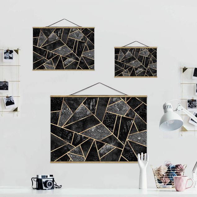 Fabric print with poster hangers - Grey Triangles Gold