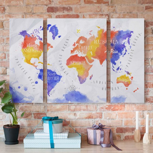 Print on canvas 3 parts - World Map Watercolour Purple Red Yellow