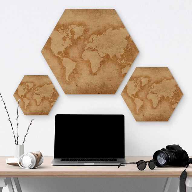 Wooden hexagon - Antique World Map