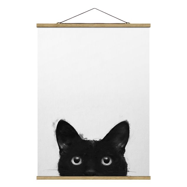 Fabric print with poster hangers - Illustration Black Cat On White Painting