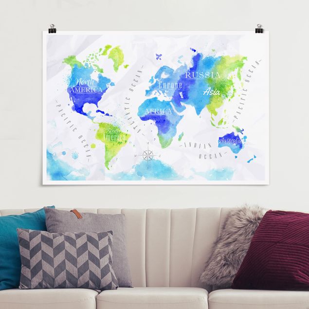 Poster - World Map Watercolour Blue Green