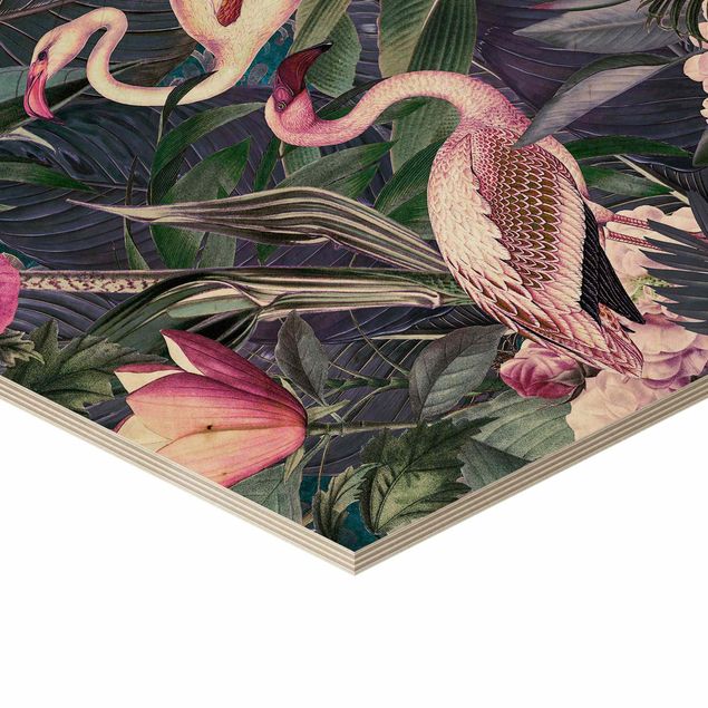 Hexagon Picture Wood - Colorful Collage - Pink Flamingos In The Jungle