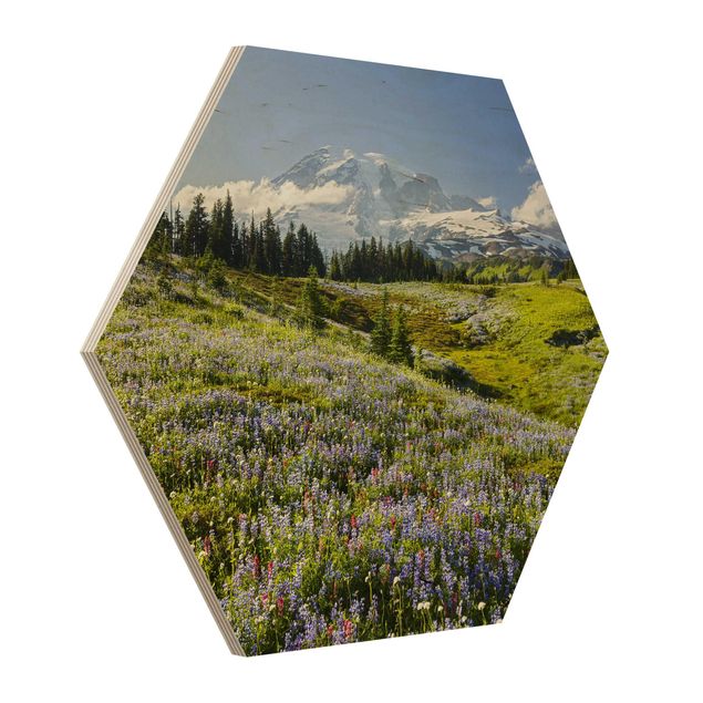Wooden hexagon - Mountain Meadow With Red Flowers in Front of Mt. Rainier