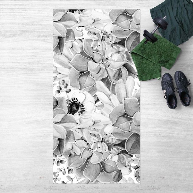 Balcony rugs Watercolour Succulent With Flower In Black And White