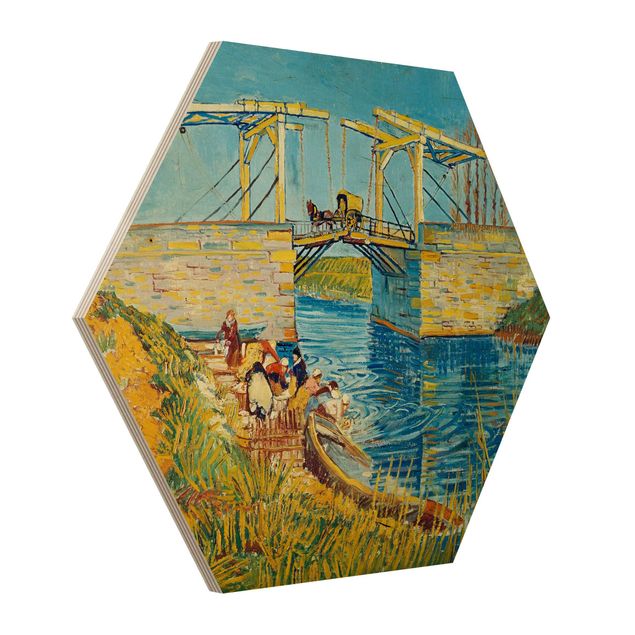 Wooden hexagon - Vincent van Gogh - The Drawbridge at Arles with a Group of Washerwomen