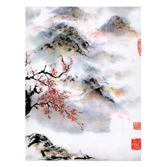 Magnetic memo board - Japanese Watercolour Drawing Cherry Tree And Mountains