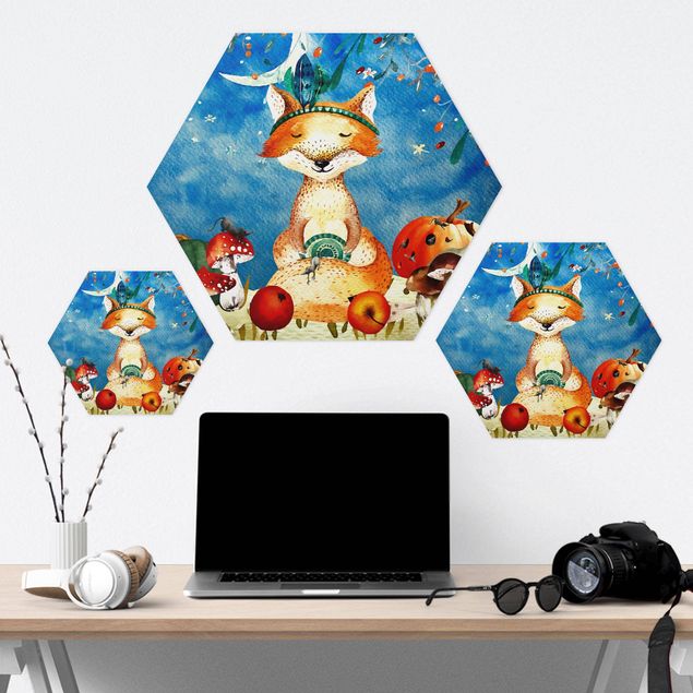 Hexagon Picture Forex - Watercolor Fox In The Moonlight